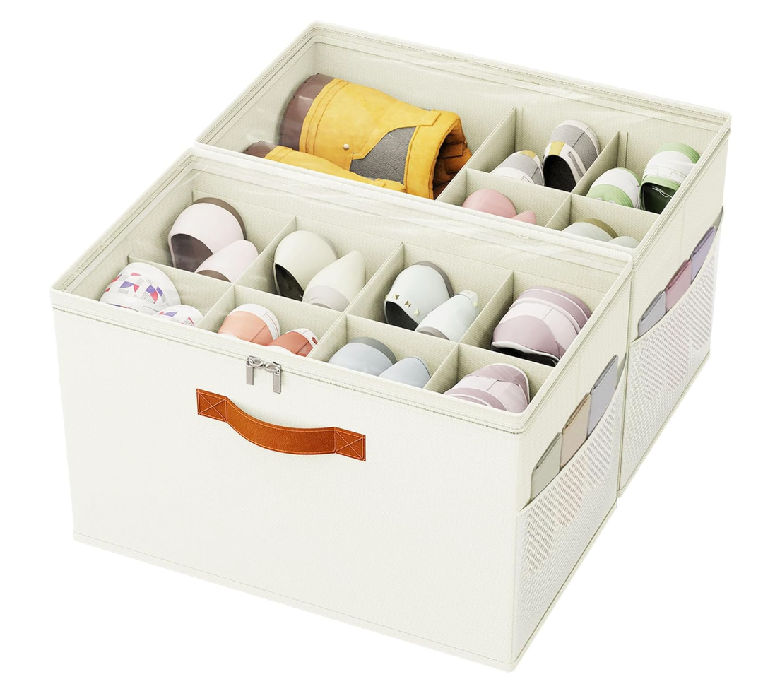 IMAXTOP Shoe Organizer for Closet, 2Pack Foldable Shoe Storage Box with Adjustable Dividers & Clear Cover, Fits 16 Pairs, Beige, Durable and SpaceSaving