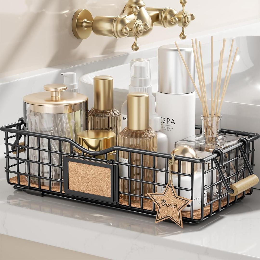 Bathroom Organizer Basket with Handle, Home Decor Organizers - Bathroom Organizers and Storage - Exquisite Vanity Organizer for Skincare - Bathroom Counter Tray for Organizing - Black (Medium, Black)