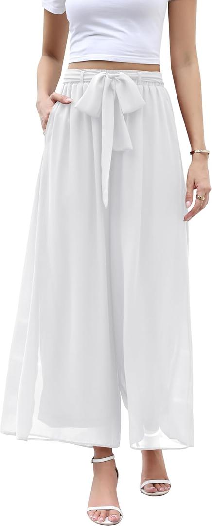 WANGZHI Women's Wide Leg Chiffon Dress Pant Elegant Party Elastic Waist Trouser with Pockets, M
