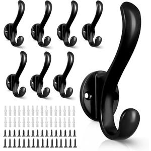 8 Pack Coat Hooks Wall Mount Heavy Duty Utility Retro Double Hooks for Hanging Coats,Hat, Towel, Key, Robe, Scarf, Bag, Cap (Black)