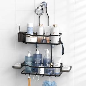 Tier Shower Caddy, Rustproof Aluminum Hanging Over Shower Head Organizer, 2 Large Baskets for Shampoo & Soap, Built-in Loofah Hooks & Soap Dish, Suction Cups, Anti-Slip Collar, No Drill, Black