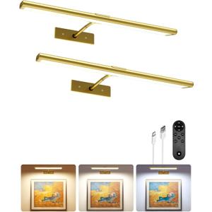 EZVALO Picture Light for Wall, 4800mAh Rechargeable Wireless Remote, Dimmable Magnetic LED Art Display Light with 3 Color Temperatures, for Gallery, Living Room, Bedroom, Hallway (Gold-2Pack)