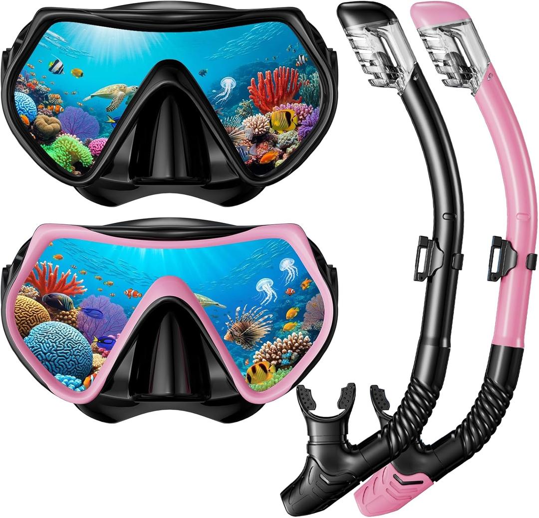Snorkel Mask Set, Dry-Top Snorkel Set Scuba Diving Mask, 180 Panoramic Wide View, Professional Breathing Freely Snorkeling Gear Kit with Nose Cover for Snorkeling Swimming, Travel (Adults)
