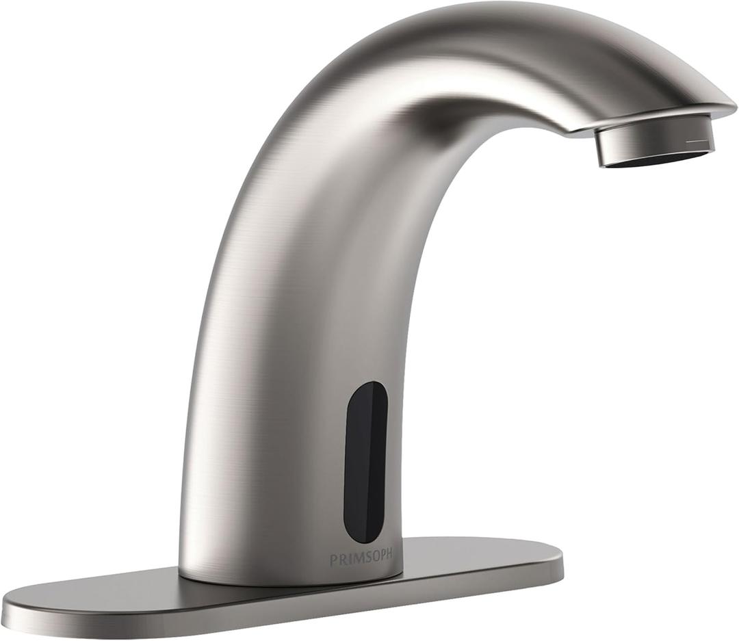 PRIMSOPH Automatic Motion Sensor Hands Free Electronic Infrared Smart Commercial Touchless Bathroom Sink Faucet with Cover Plate Temperature Mixer Battery or Plug-in Powered Brushed Nickel