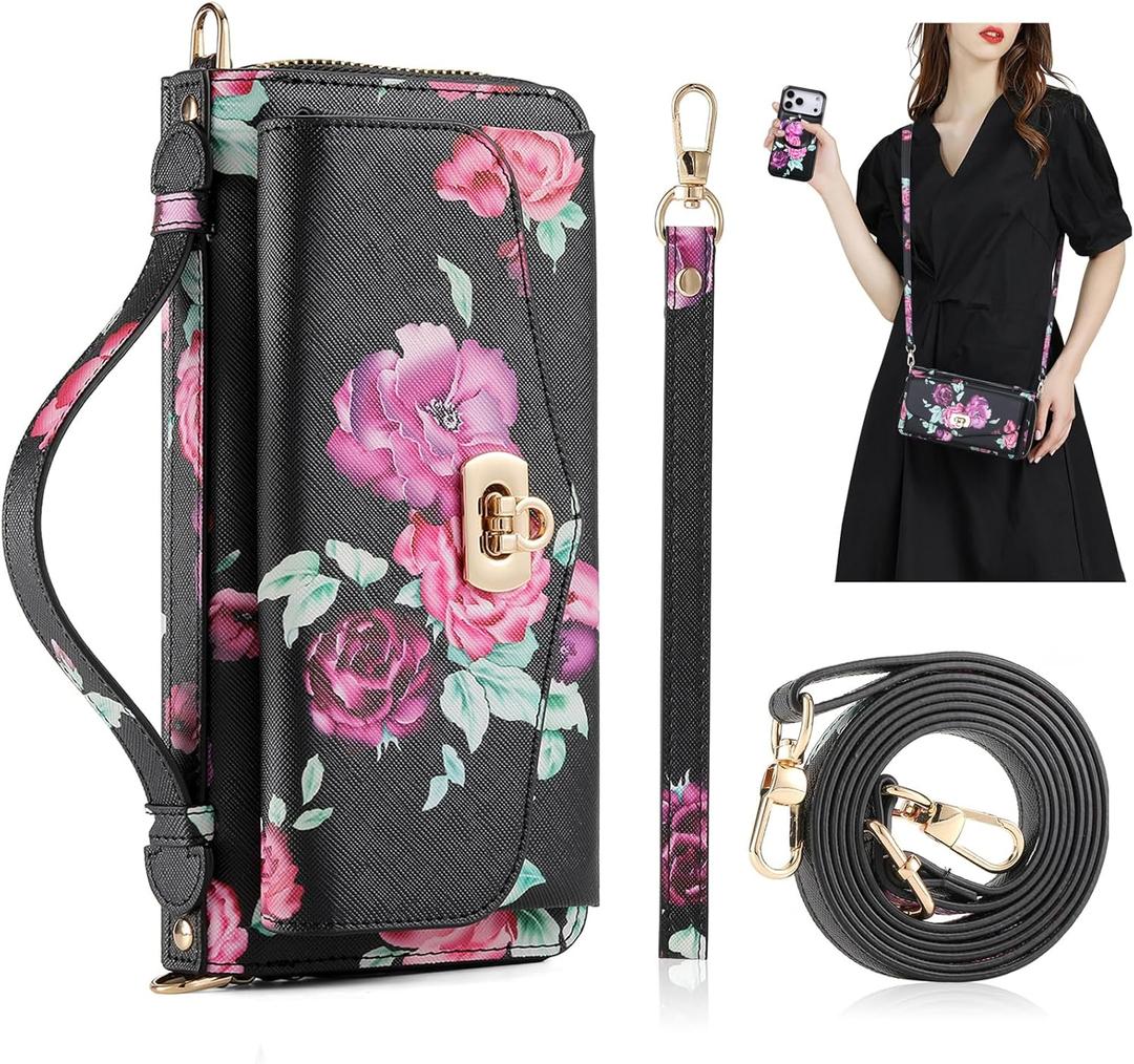 Crossbody Wallet Case for iPhone 17 Pro Max 6.9", Magnetic Detachable PU Leather Case with RFID Blocking Card Holder, Wristlet & Shoulder Strap, Flip Zipper Clutch Purse for Women - Black F