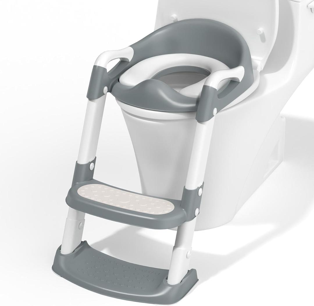 Potty Training Toilet with Step Stool Ladder, Toddler Kids Potty Training Seat for Boys Girls, Foldable Anti-Slip Toilet Toddler Seat Splash Guard Soft Cushion Safety Handles, Gray