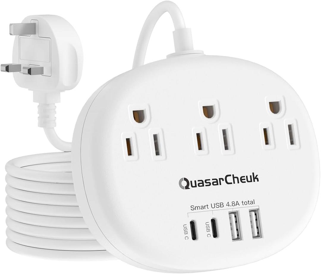 UK Ireland Travel Plug Adapter, US to UK Plug Adapter, Type G Travel Adapter with 3 Outlets 4 USB(2 USB C), 5FT Extension Cord, for US to Scotland London England British Irish Dubai Kenya Hong Kong