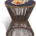 SUNNYPARK Outdoor Side Table 20'' H Small End Tables Woven Rope Weather Resistant with Glass Top Round Coffee Table for Indoor Balcony Patio Poolside (Brown)