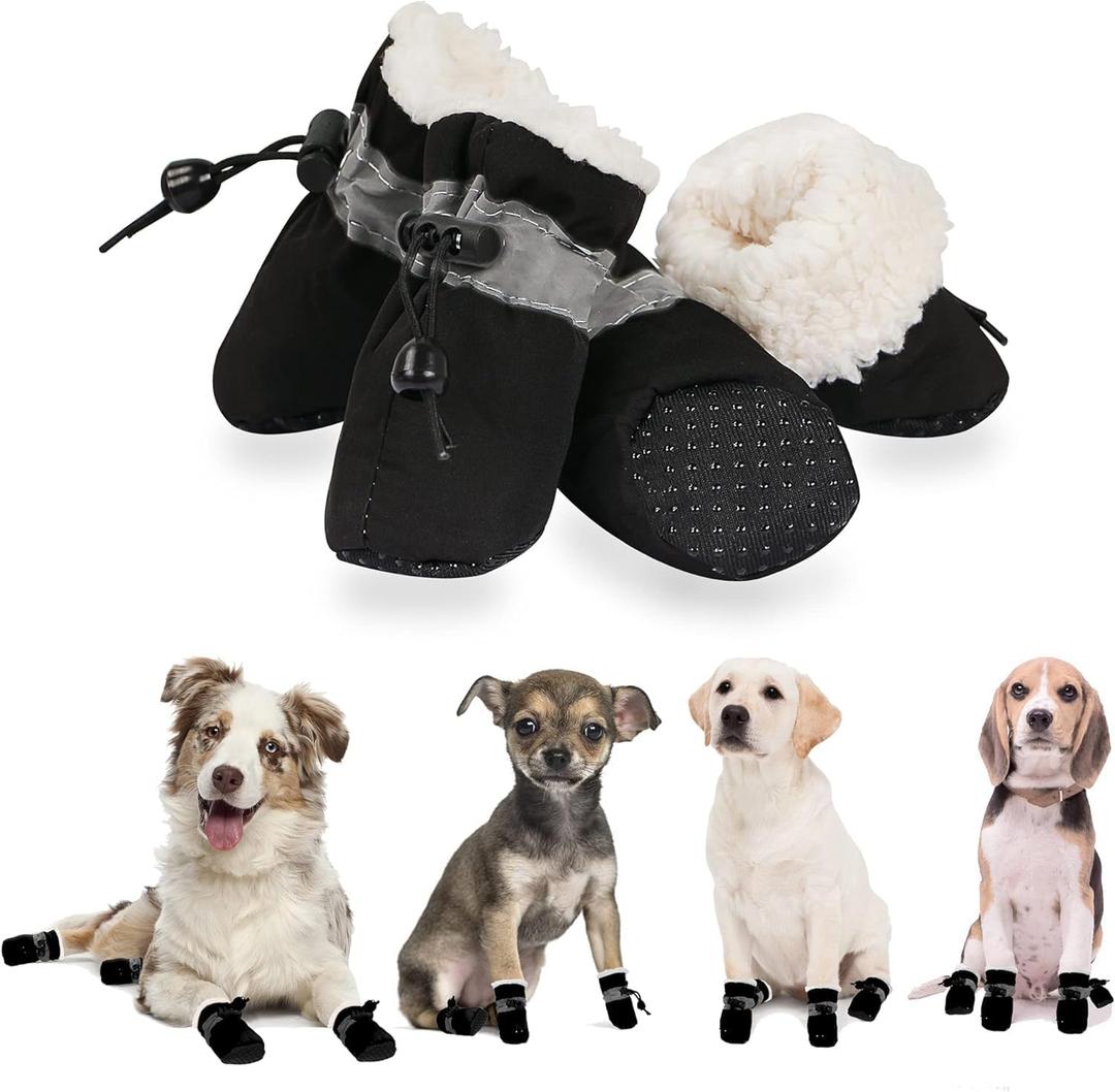 YAODHAOD Dog Shoes for Winter, Dog Boots & Paw Protectors, Fleece Warm Snow Booties for Puppy with Reflective Strip Anti-Slip Rubber Sole for Small Medium Size Dogs, Size 3: 1.5"x1.3" (L*W), Black