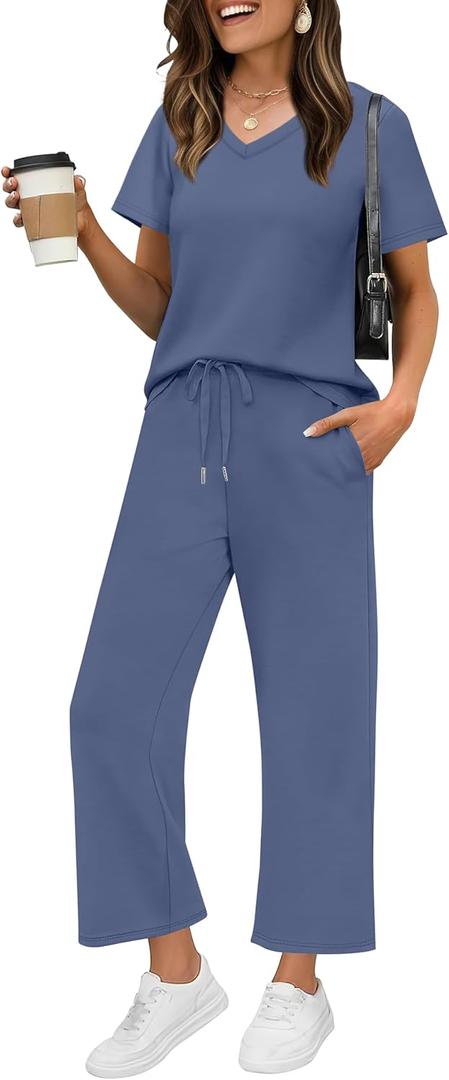 WIHOLL 2 Piece Sets for Women Summer Lounge Set Wide Leg Pants Matching Set Vacation Travel Outfits Beach Clothing (Small, Blue)
