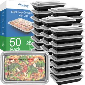 50 Pack (100-Piece) 28 oz Meal Prep Containers Reusable with Lids, Sturdy Leakproof & Food Safe, Microwave, Freezer, Dishwasher Safe Prep Containers, To Go Take Out Plastic Food Storage