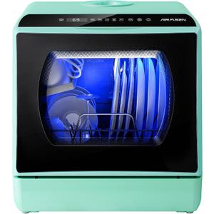 AIRMSEN Portable Countertop Dishwashers, 5 Washing Programs Mini Dishwashers with 5 L Built-in Water Tank and Double-layered Glass Door, No Hookup Needed for Home, Apartments & RVs (Green)