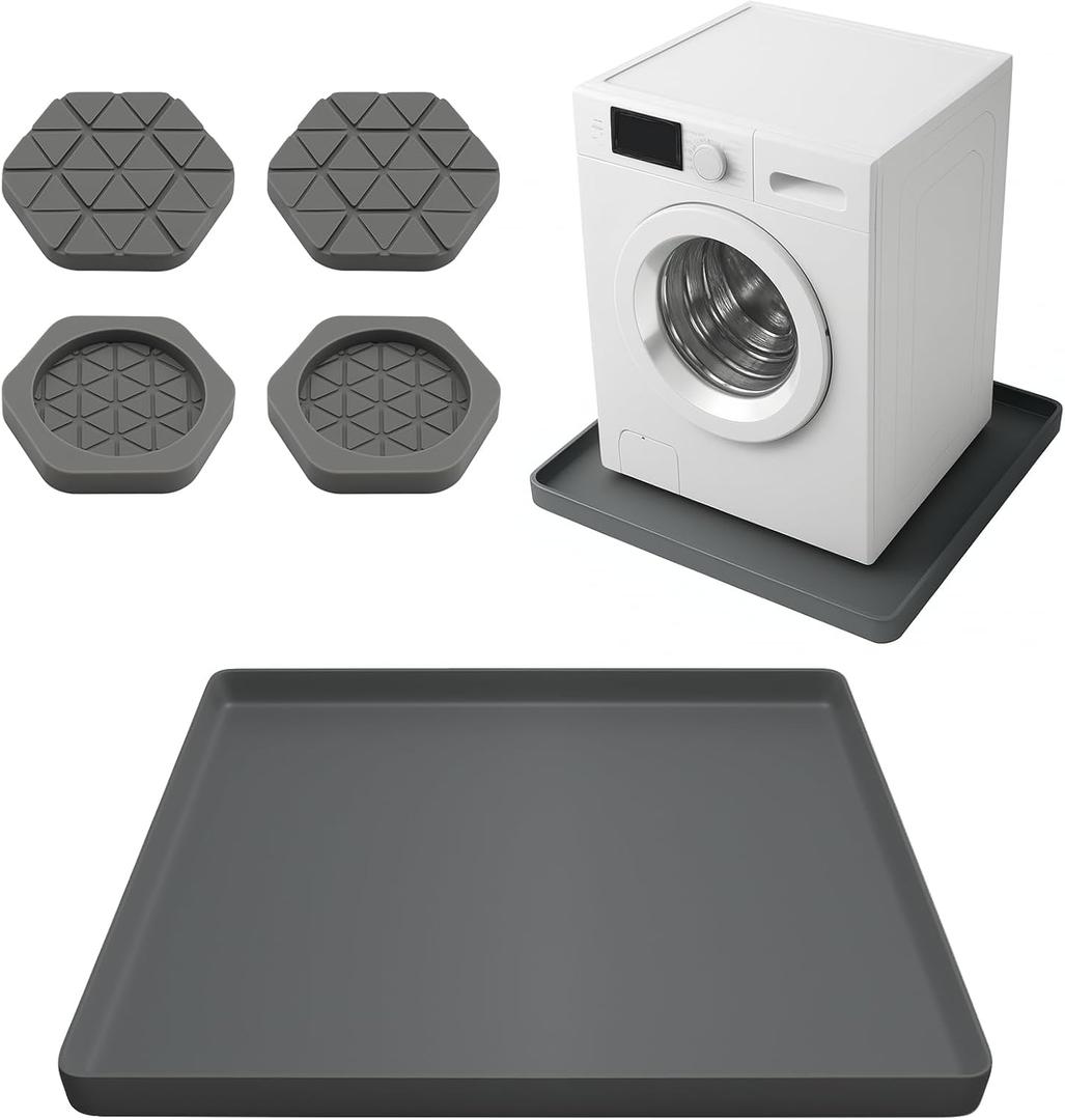 27" X 27" Washer Tray for Floor Protection, Washing Machine Drain Pan Silicone Mat with 4Pcs Anti Vibration Pads for Dryer, Washer, Refrigerator