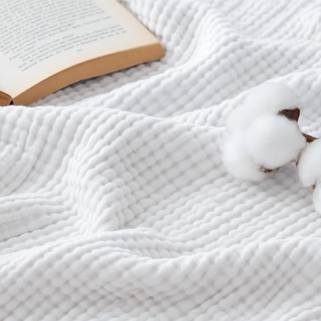 Bedsure 100% Cotton Muslin Throw Blanket Large 50x70 Inches - 4-Layer Breathable and Lightweight Thin Soft Summer Gauze Muslin Blankets for Adults, PureWoven Boho Cotton Throw for Couch, White, Throw XL