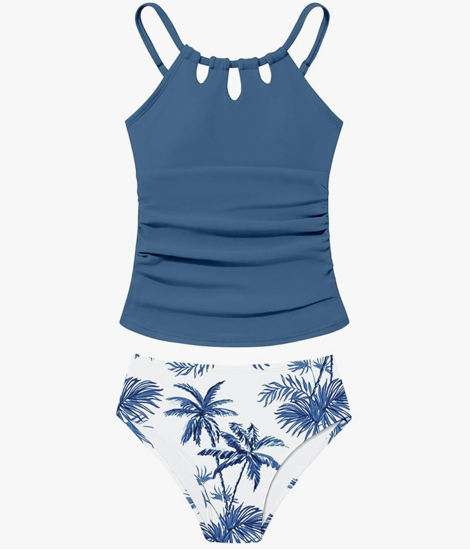 Girls Swimsuit Cutout Bathing Suit Cute Two Piece Swimsuits for Teen Girls Modest Swimwear High Waisted Tankini 13-14y