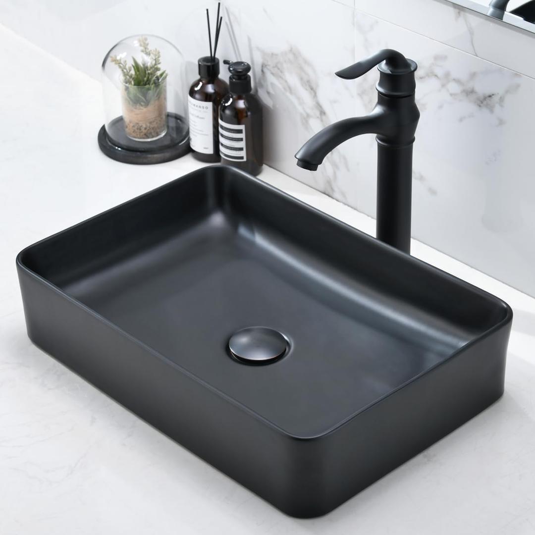 20 Inch Black Bathroom Sink Rectangular, 20x14 Bathroom Sinks Above Counter Porcelain Ceramic Countertop Hand Wash Vessel Bathroom Sink Art Basin, Black, 20" x 14"