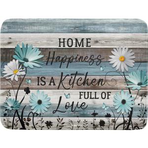 Daisy Floral Dish Drying Mat 18x24 Inches Rustic Wood Microfiber Absorbent Reversible Dish Draining Pad Fast Dry Kitchen Accessories (Home Happiness Wood)