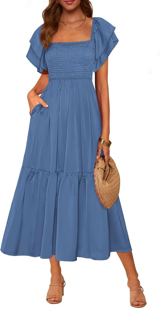 MASCOMODA Womens Summer Casual Midi Dress Square Neck Ruffle Short Sleeve Smocked High Waist A Line Wedding Guest Dresses (Blue, L)