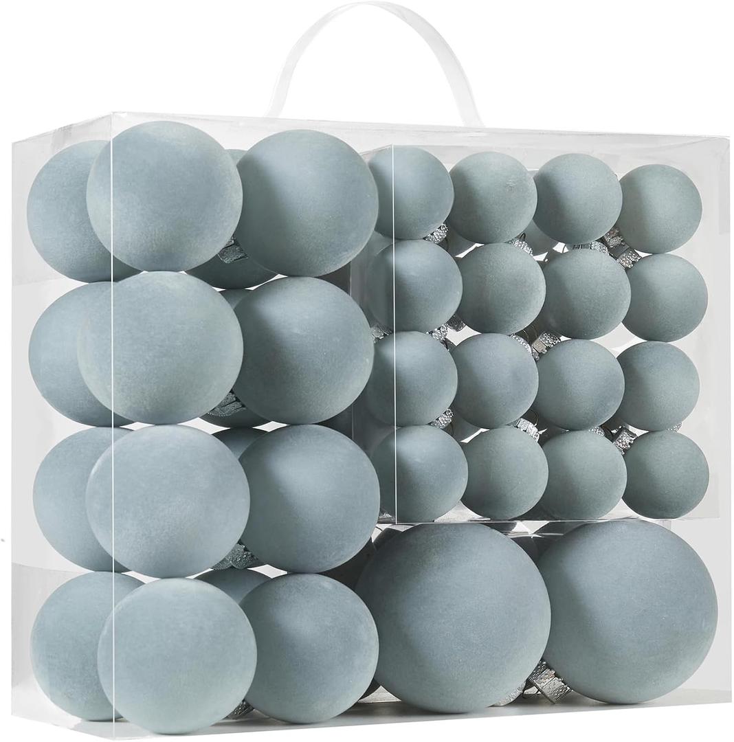 Velvet Christmas Ball Ornaments Set-46pcs Flocked Shatterproof Christmas Tree Decorations Plastic Xmas Decorative Hanging Ornaments for Xmas Holiday Home Decor,3 Sizes(Gray Blue)