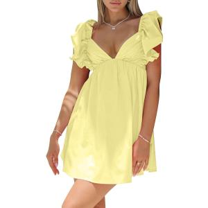 hibshaby Womens Sexy Deep V Neck Ruffle Sleeve Mini Dress Backless Lace Up Summer Dresses S, Yellow