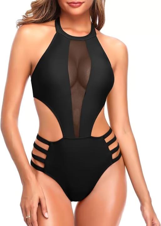 NEW Tempt Me Women One Piece Sexy Swimsuit High Neck Halter Cutout Monokini, M