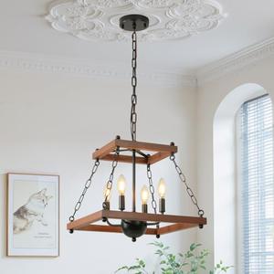 Lanpesting Farmhouse Walnut Chandelier with Chain,16 Inch Modern Geometric Rustic Vintage Hanging Pendant Ceiling Light Fixture for Dining Room Bedroom Kitchen Island Hallway Foyer Entryway