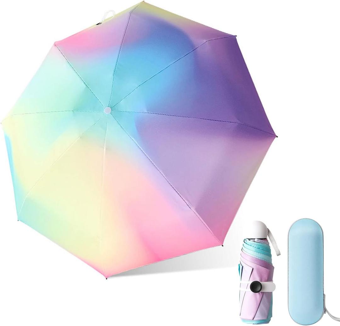 YumSur Mini Travel Sun & Rain Umbrella, Small UV Compact Folding Umbrella with Case 8 Ribs Anti-UV Lightweight Umbrella