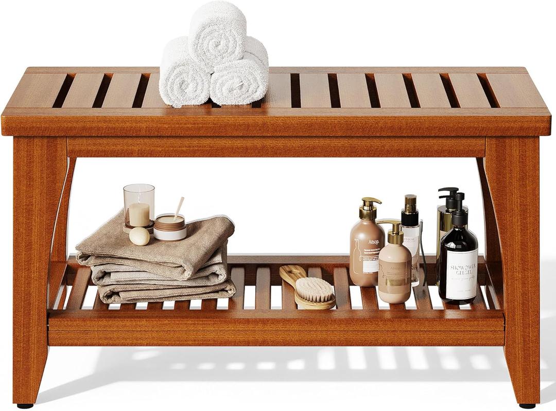 30" Premium Solid Teak Shower Bench with Storage Shelf - 450 lbs Capacity, Waterproof & Non-Slip Seat for Bathroom, Poolside, Spa