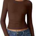 QINSEN Womens Crewneck Long Sleeve Shirt Double Lined Basic Tees Side Ruched Going Out Crop Tops XL
