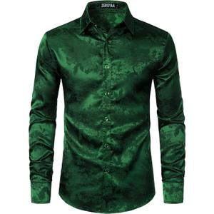 ZEROYAA Men's Shiny Satin Rose Floral Jacquard Long Sleeve Button Up Dress Shirts for Party Prom XX-Large, Zlcl26-emerald