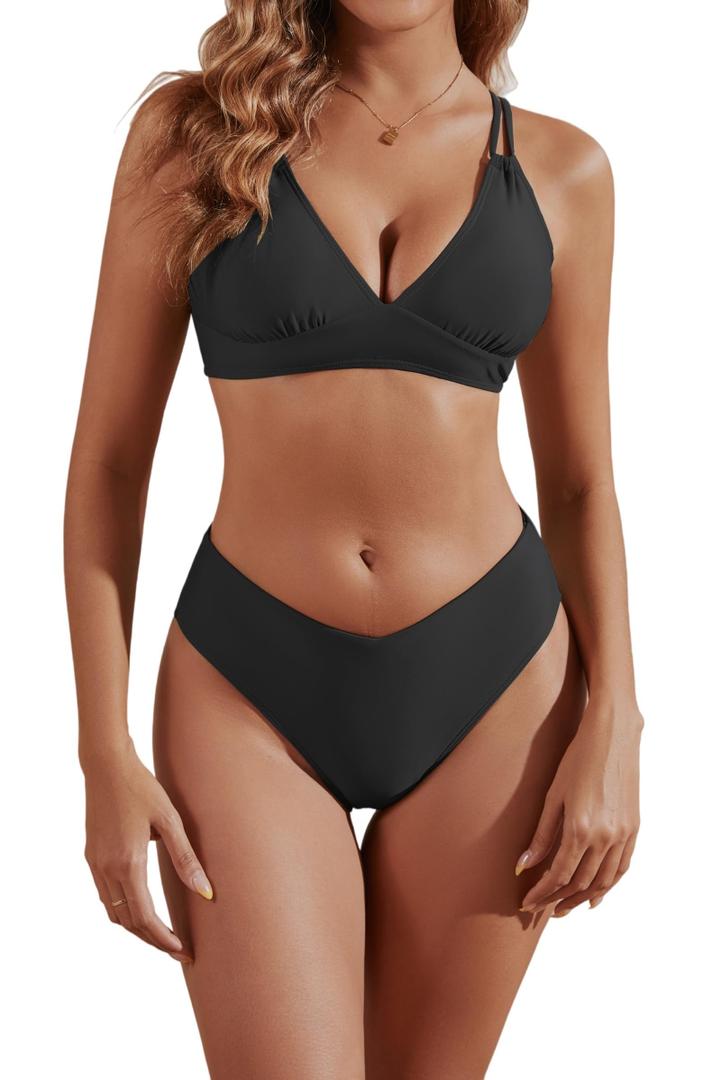 fatty tiger Womens High Cut Bikini Swimsuits 2 Piece Sexy V Neck Adjustable Criss Cross Back Push Up Bathing Suit Black XL (XL)