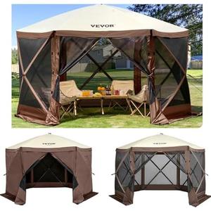VEVOR 12 * 12ft 6 Sided Pop-up Canopy Shelter Tent with Mesh Windows, Portable Carry Bag, Stakes, Large Shade Tents for Outdoor Camping, Lawn and Backyard, Brown/Beige