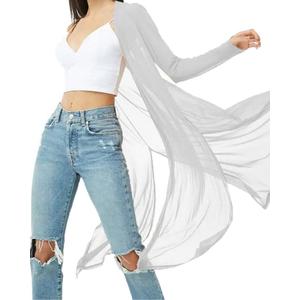 BelleLovin Womens Sexy Sheer Long Sleeve Cardigan See Through Mesh Cover Up (Large, Grey)