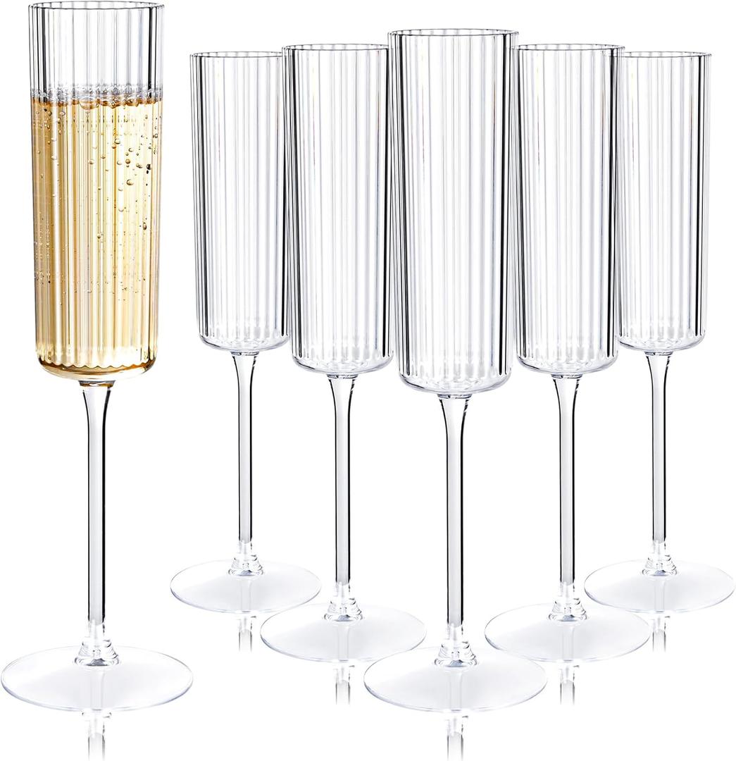 Ciaell 24 Pack Plastic Champagne Flutes - 6oz Ribbed Disposable Champagne Glasses - Clear Vintage Mimosa Glasses with Long Stem, Elegant for Weddings, Birthdays, Party