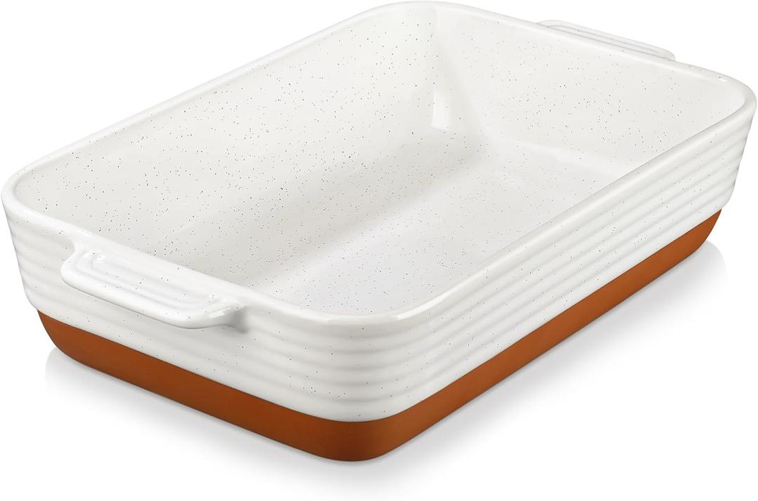 MALACASA Baking Dish 4.8 Qt Ceramic Casserole & Lasagna Pan, 9x13 Inch Deep Rectangular Oven Safe Dish with Handles for Baking, Roasting, Serving (Khaki & White) - Series Tara (Extra Large)