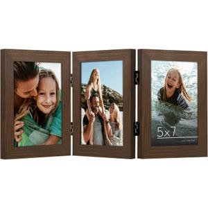 Americanflat Hinged 3 Picture Frame 5x7 with Shatter-Resistant Glass - Signature Collection - Foldable Picture Frame for Tabletop Display - Walnut