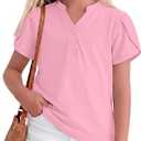LessonZoo Girls Petal Short Sleeve T-Shirt V-Neck Button Top Solid T Shirts Summer Casual Tee (13-14 Years,Light Pink)