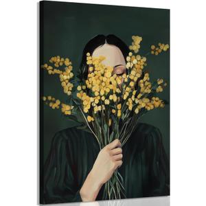 OCRXLYTH Emerald Green Abstract Figure Wall Art Woman and flowers wall decor picture Simple Japanese female portrait painting Eclectic Prints for Home bedroom dormitory decoration 16x24in Canvas