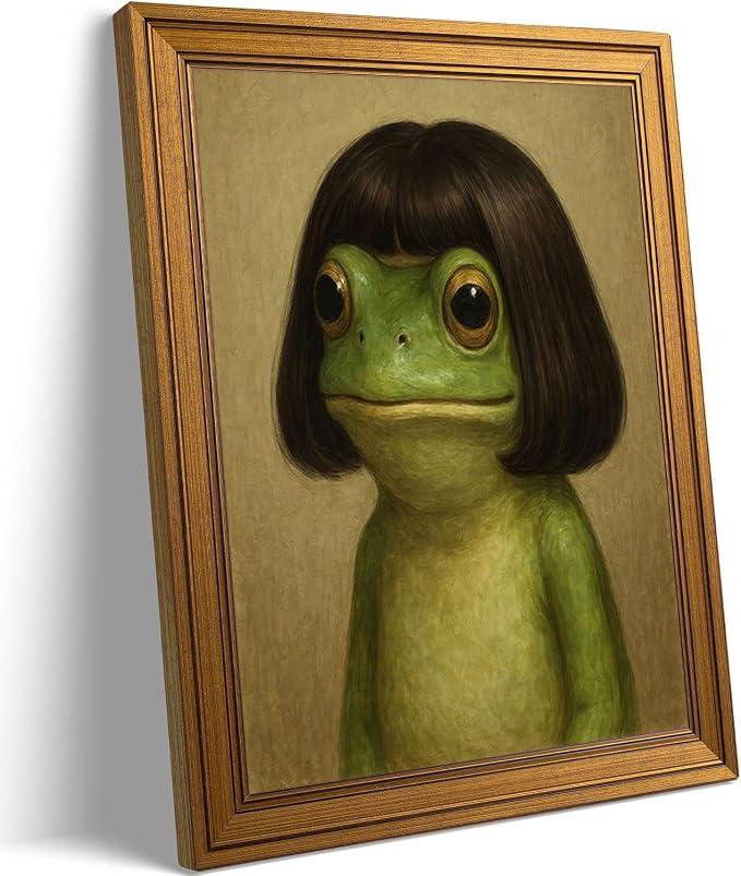 Vintage Gold Framed-Whimsical Frog Wall Art,Eclectic Frog Canvas Prints,Retro Animal Picture Artwork Wall Decor for Living Room Bedroom Bathroom 16x24-inch