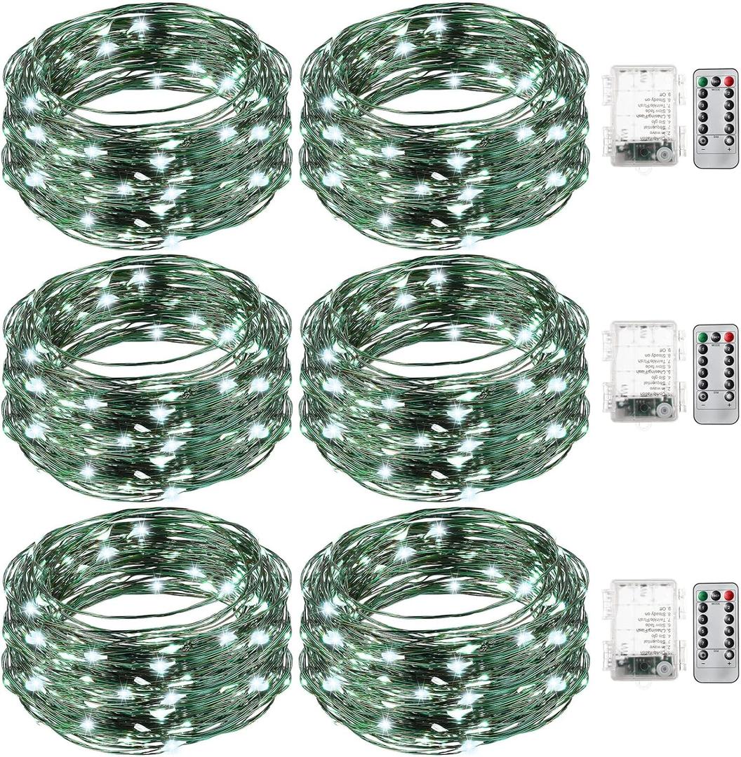 Fairy String Lights Battery Operated Green Wire LED Waterproof String Lights with Remote 8 Modes for Winter Tree Patio Garden Backyard Home Indoor Outdoor(33ft,Cold White,6 Pack)