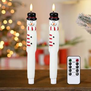 DRomance Christmas Flameless Taper Candles Battery Operated with Remote and Timer Real Wax LED Flickering Taper Candles 3D Wick Hand-Colored Painted Snowman Holiday Indoor Decor(2 Pack, 0.79 x 11.4)
