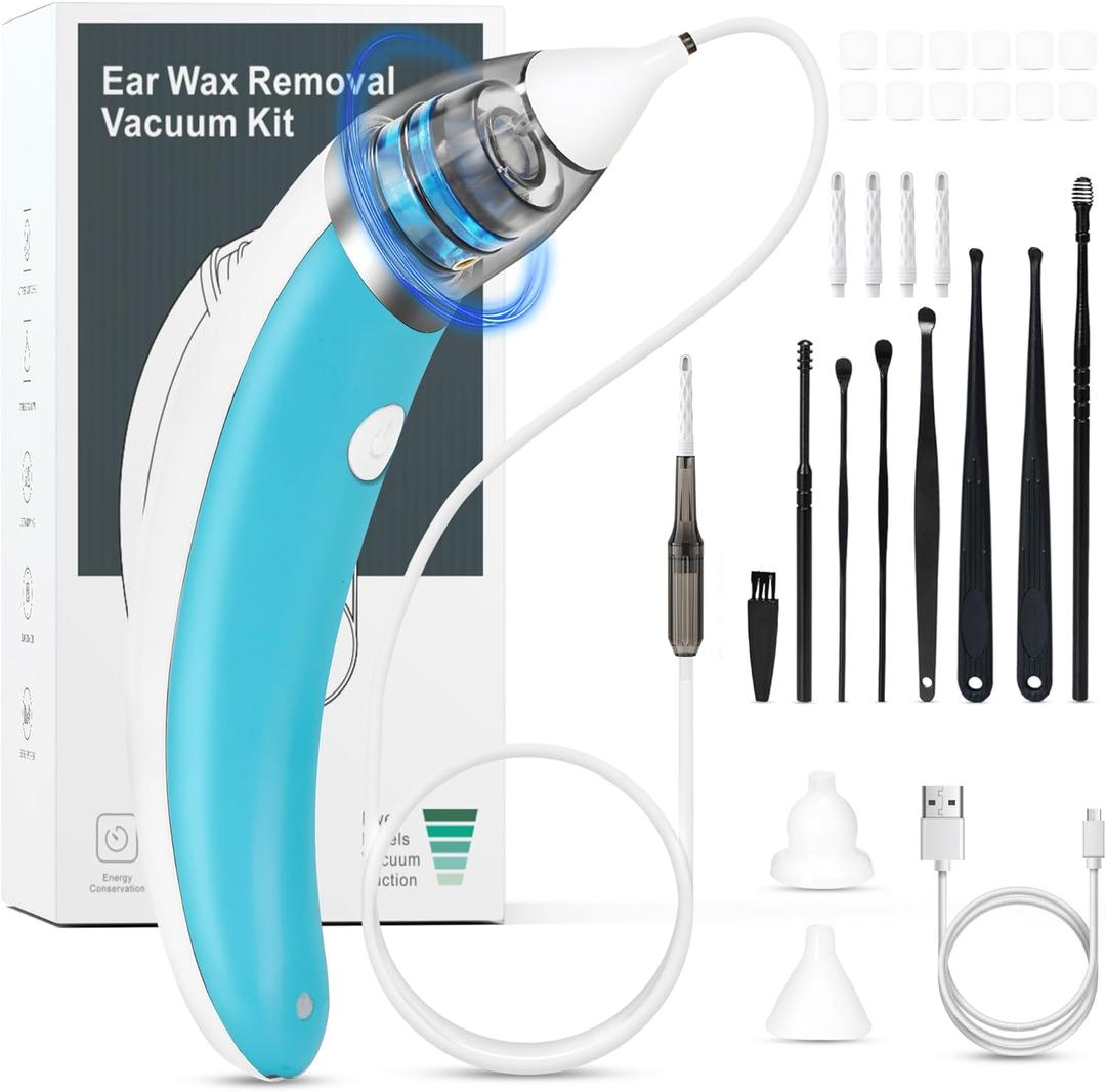 Ear Vacuum Ear Wax Removal Kit with 5 Levels Strong Suction, USB Rechargeable Reusable Electric Ear Suction Vacuum (Blue)