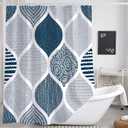 Blue and Grey Shower Curtain for Bathroom, Light Blue White Dark Gray Navy Bohemian Chic Geometric Pattern Fabric Shower Curtains Set, Modern Paisley Restroom Decor Accessories with Hooks 72X75Inches
