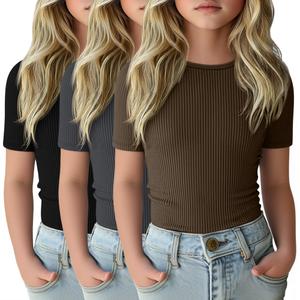 LessonZoo 3 Pack Girls Cotton Cute Tops Short Sleeve Ribbed Tween Shirts Basic Slim Fit Casual Summer Tee for Kids Ages 5-14(Black, Dark Gray, Brown,7-8 Years)