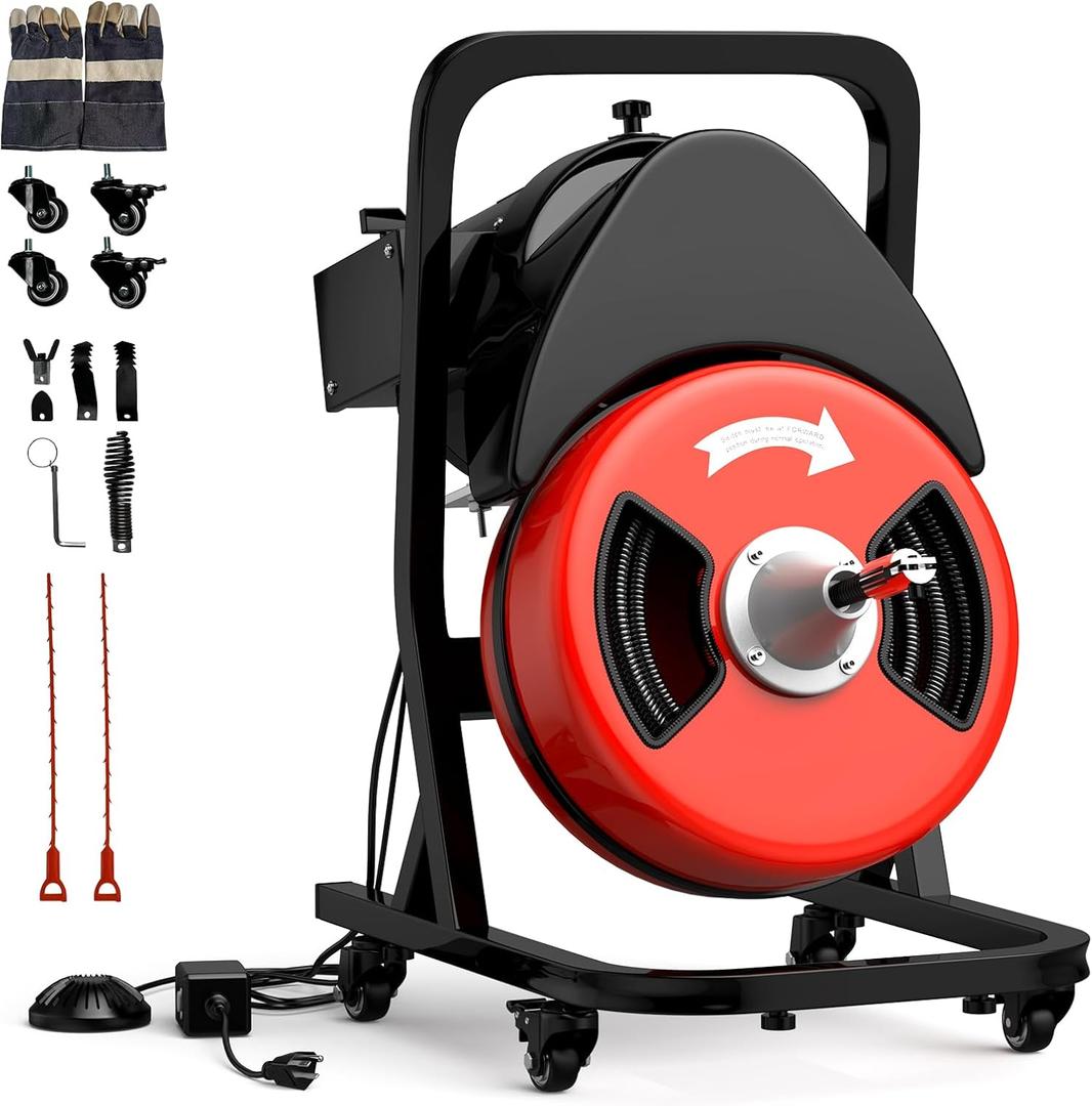 50FTx1/2 Inch Drain Cleaner Machine with Wheels, Sewer Snake Electric Drain for 2" to 4" Pipes, Plumbing Snake Auger Cleaner with 6 Cutter & Foot Switch for Sewer, Sink, Toilet, Bathroom (as picture)