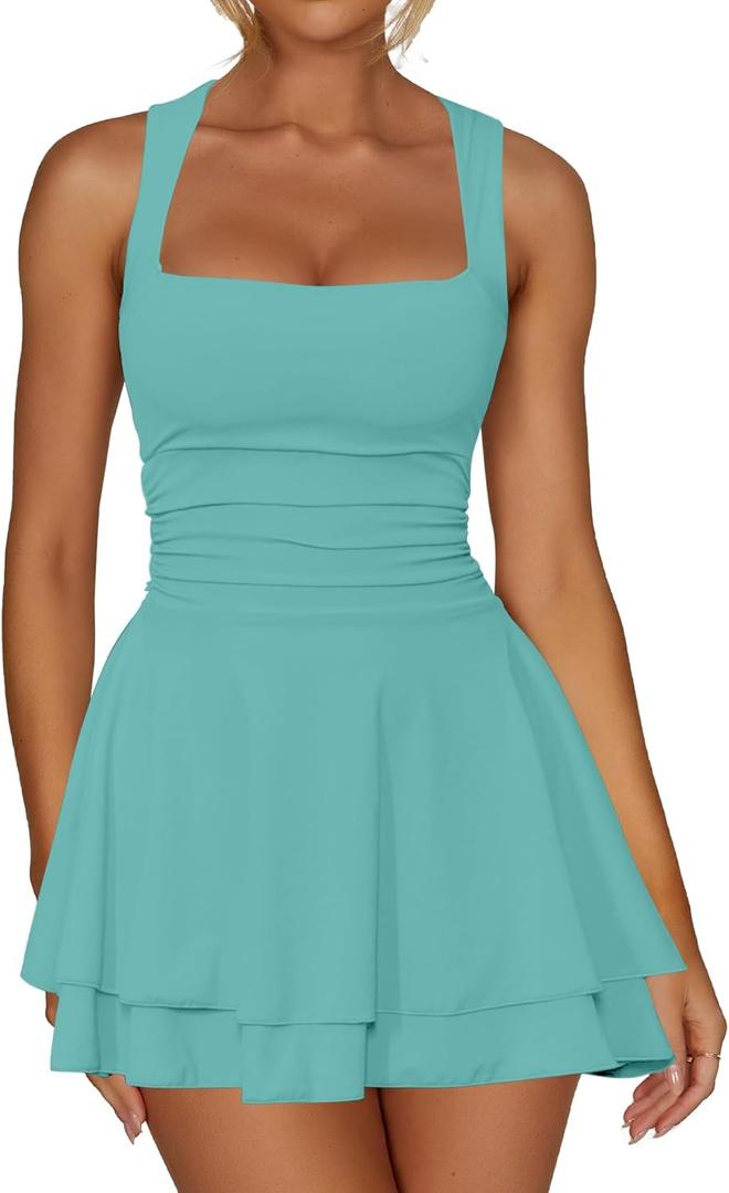 Kaximil Women's Square Neck Ruffle Hem Mini Dress Ruched Waist Short Party Dresses (Blue)(Small)