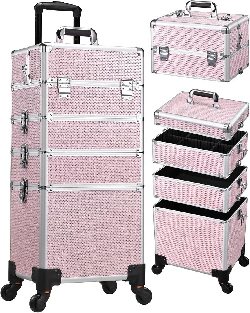 Costravio 5 in 1 Rolling Makeup Case on Wheels Large Cosmetology Case Organizer Beauty Cosmetic Train Case Travel Nail Cart for Make-up Studio Hair Salon, Pink Rhinestone