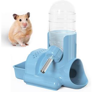 Hamster Water Bottle, Free Standing 3 in 1 Water Bottle Automatic Bottle Dispenser with Food Container Base Hut for Dwarf Hamster Mouse Rat Hedgehog and Other Small Animals Blue-120 ml