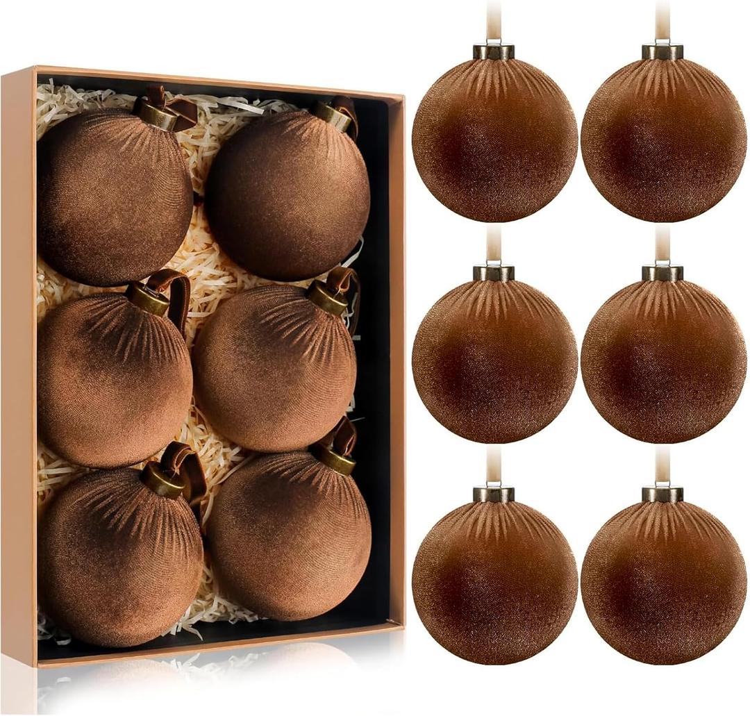 HyDren 6 Pcs Velvet Christmas Ball Ornaments 4 Inches Large Flocked Christmas Tree Hanging Ornaments Shatterproof Xmas Bulbs for Home Xmas Tree Party Decor(Dark Brown)