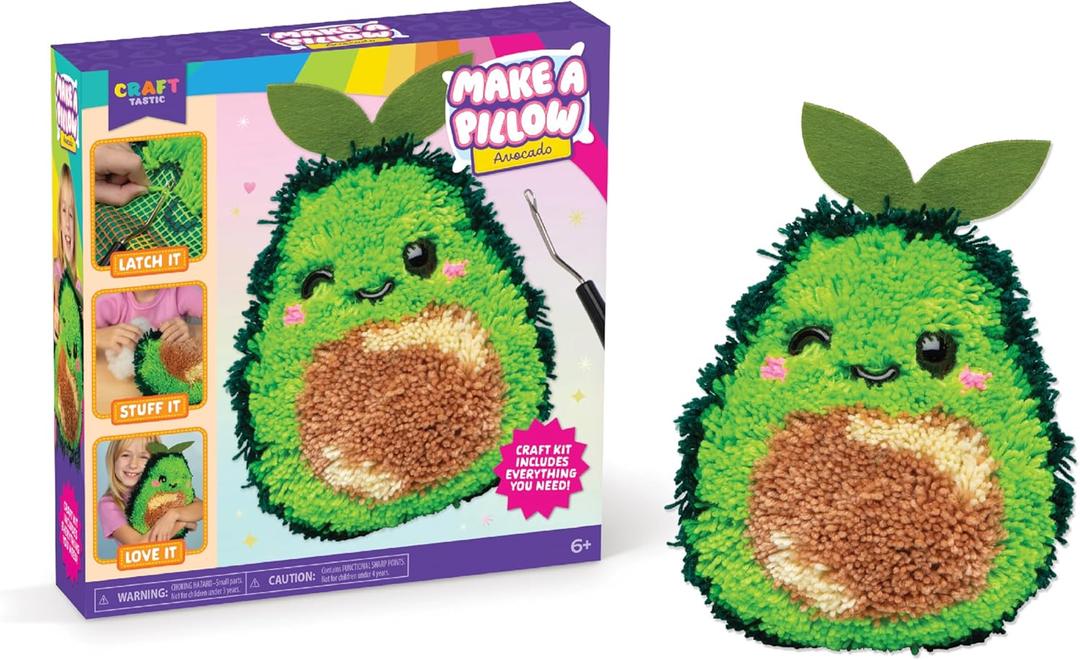 LatchKits Avocado Pillow - Latch Hook Kits for Kids, Arts and Crafts, Yarn Art, Kids Crafts, Toys for Girls, Birthday Gift for Girls, Easy to Follow Pattern, Hook Included, Craft Kits, Ages 6+
